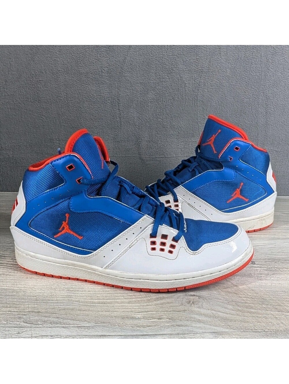 Jordan Mens 11.5 Blue White Orange Flight SC 3 Basketball High Top Shoes Retro